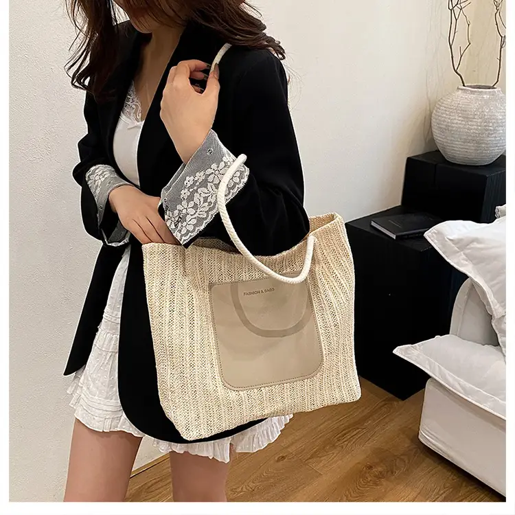 Beige Woven Straw Shoulder Bag Large Capacity — feature 18