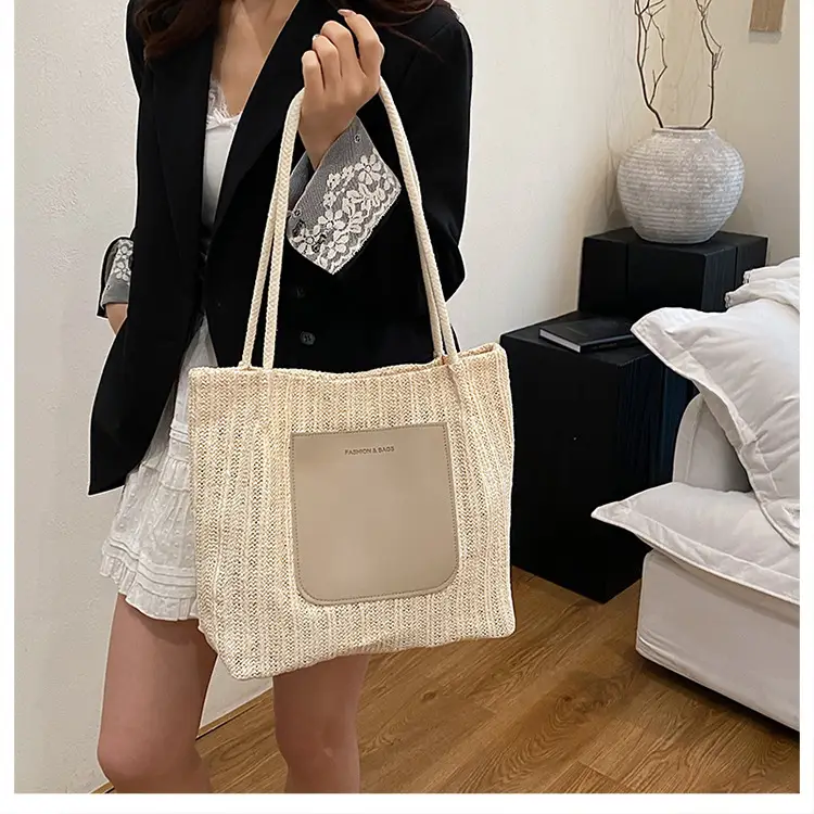 Beige Woven Straw Shoulder Bag Large Capacity — feature 19