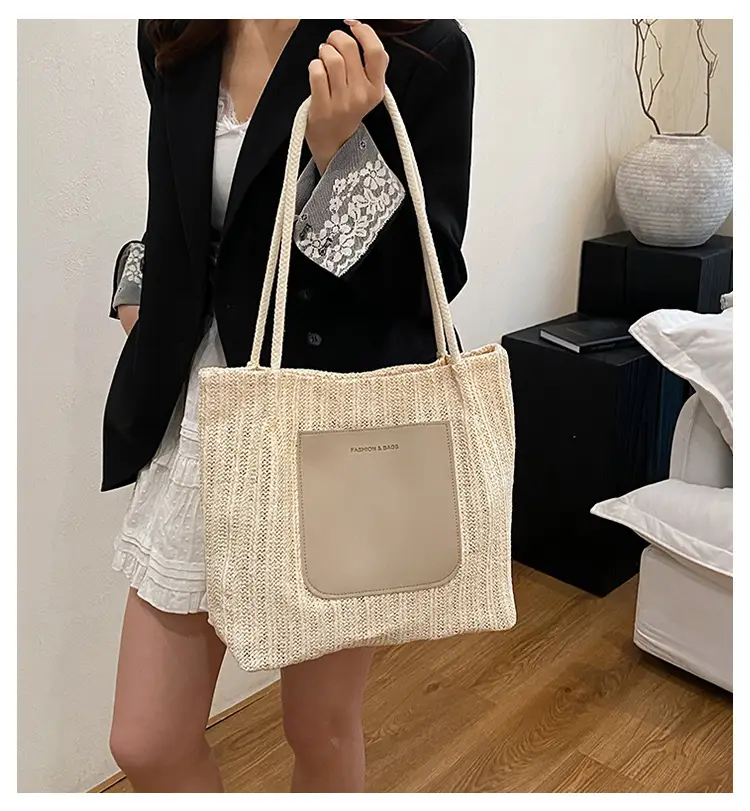 Beige Woven Straw Shoulder Bag Large Capacity — feature 2