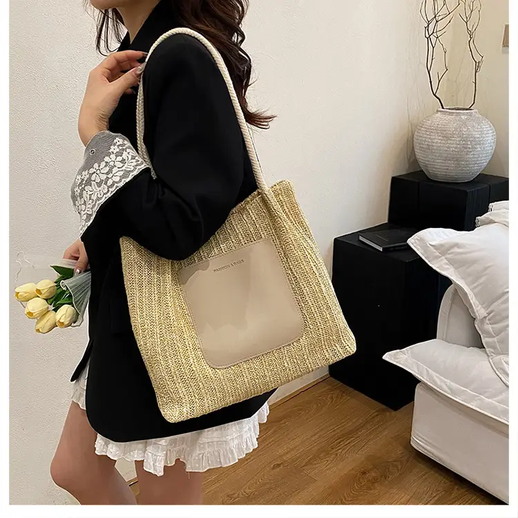 Beige Woven Straw Shoulder Bag Large Capacity — feature 21