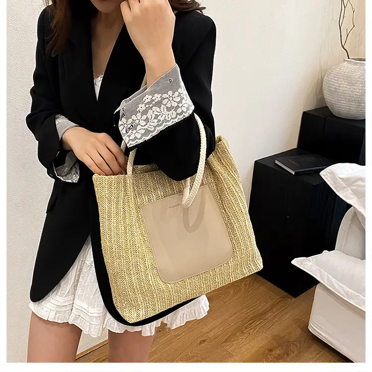 Beige Woven Straw Shoulder Bag Large Capacity — feature 22