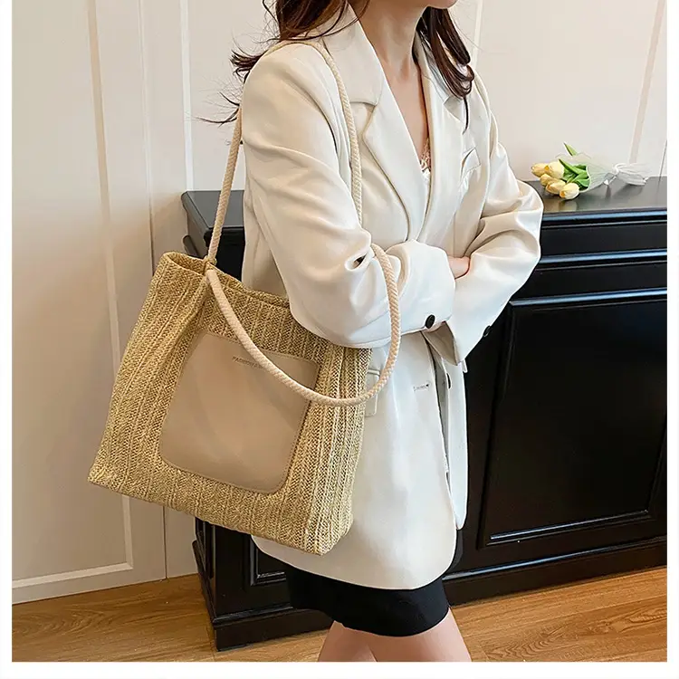Beige Woven Straw Shoulder Bag Large Capacity — feature 23