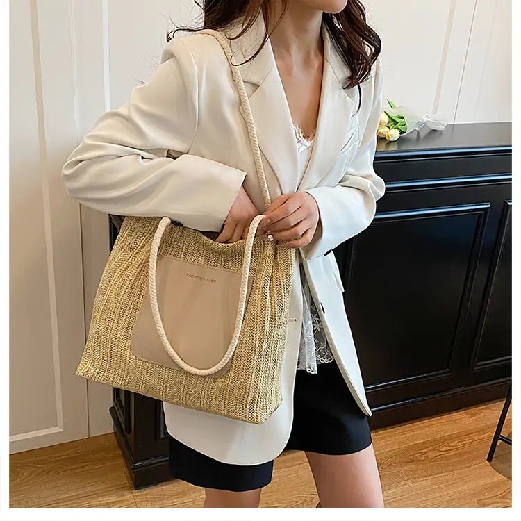 Beige Woven Straw Shoulder Bag Large Capacity — feature 24