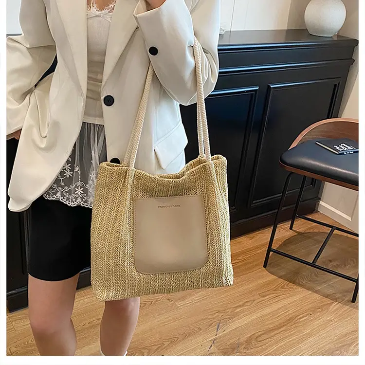 Beige Woven Straw Shoulder Bag Large Capacity — feature 26