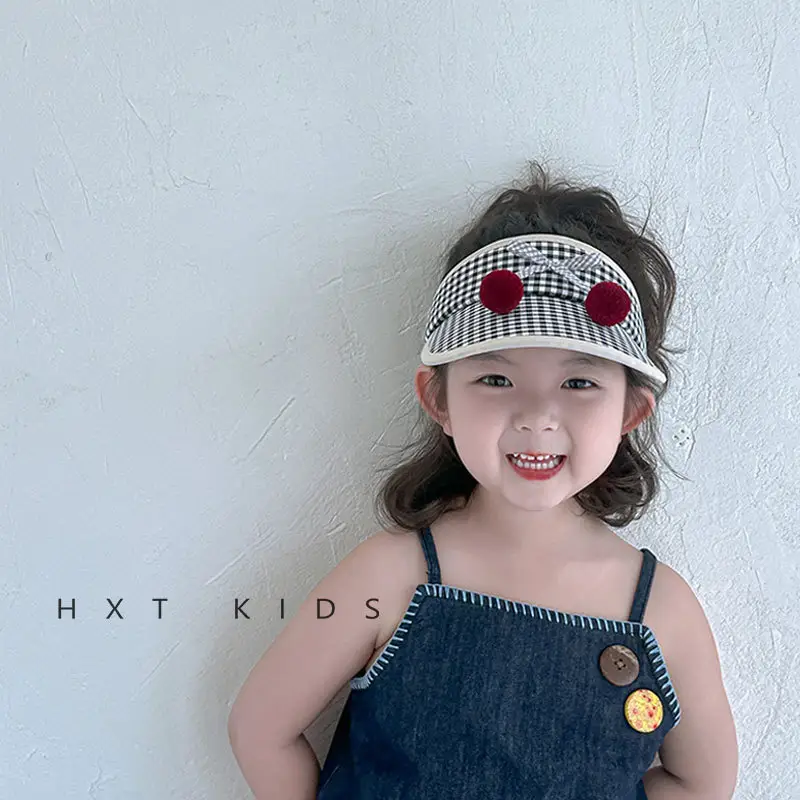 Kids Checkered Visor Cap with Red Button - Image 9