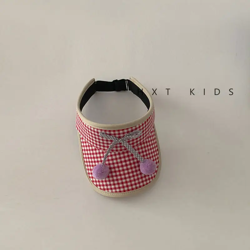 Kids Checkered Visor Cap with Red Button - Image 2