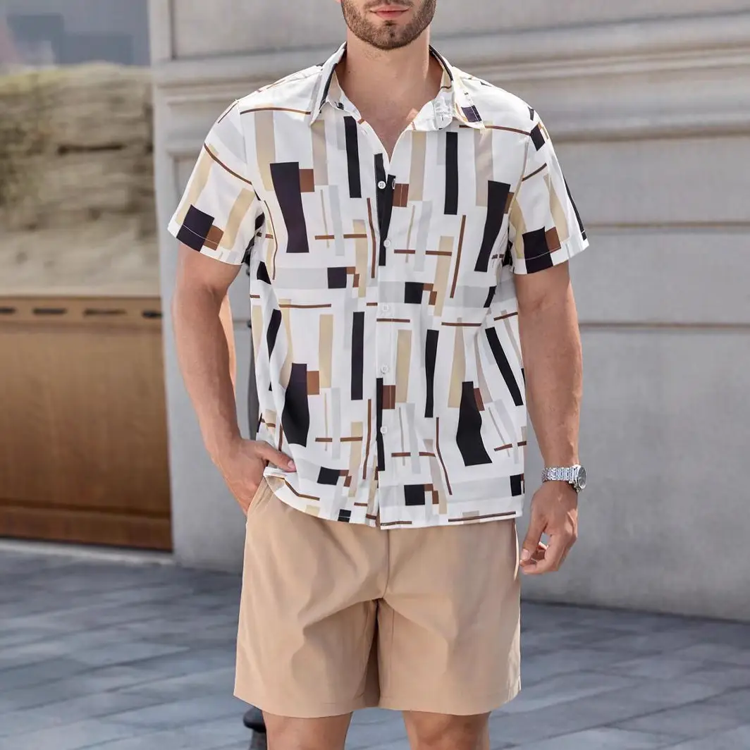 Men's 2025 Navy Blue Lapel Button Shirt Shorts Set