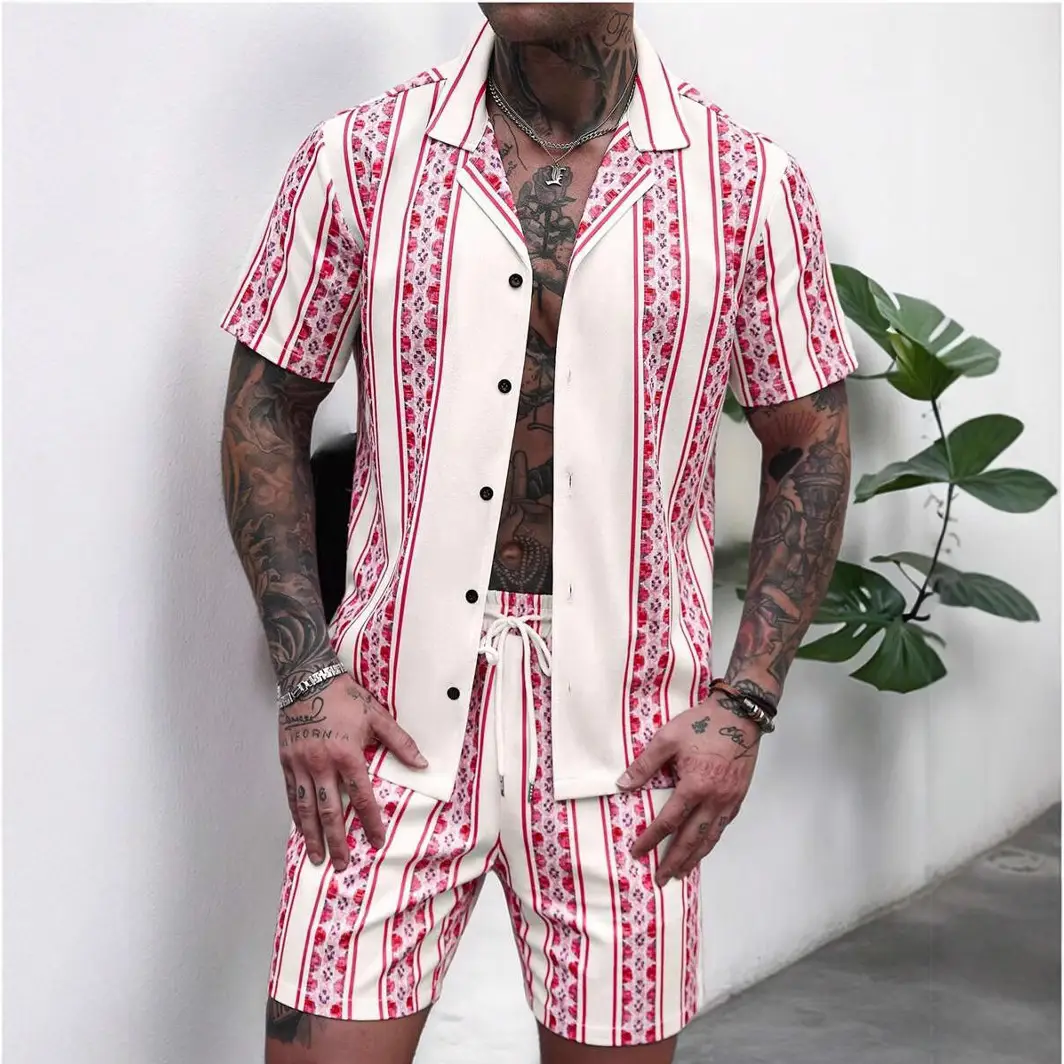 Men's 2025 Navy Blue Lapel Button Shirt Shorts Set