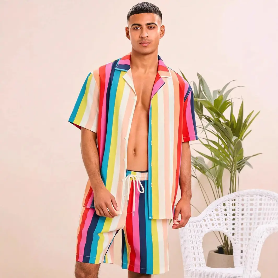 Men's 2025 Navy Blue Lapel Button Shirt Shorts Set