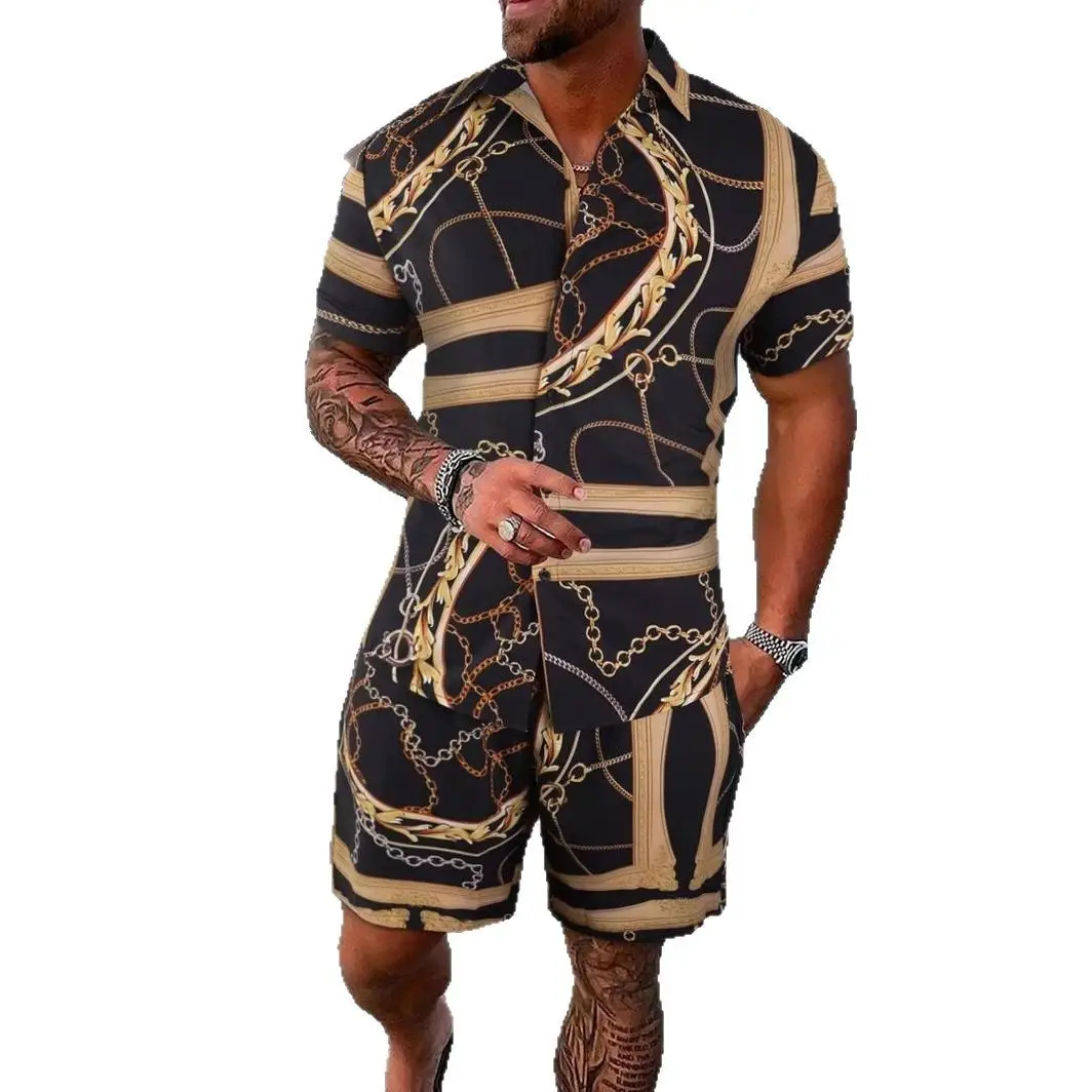 Men's 2025 Navy Blue Lapel Button Shirt Shorts Set