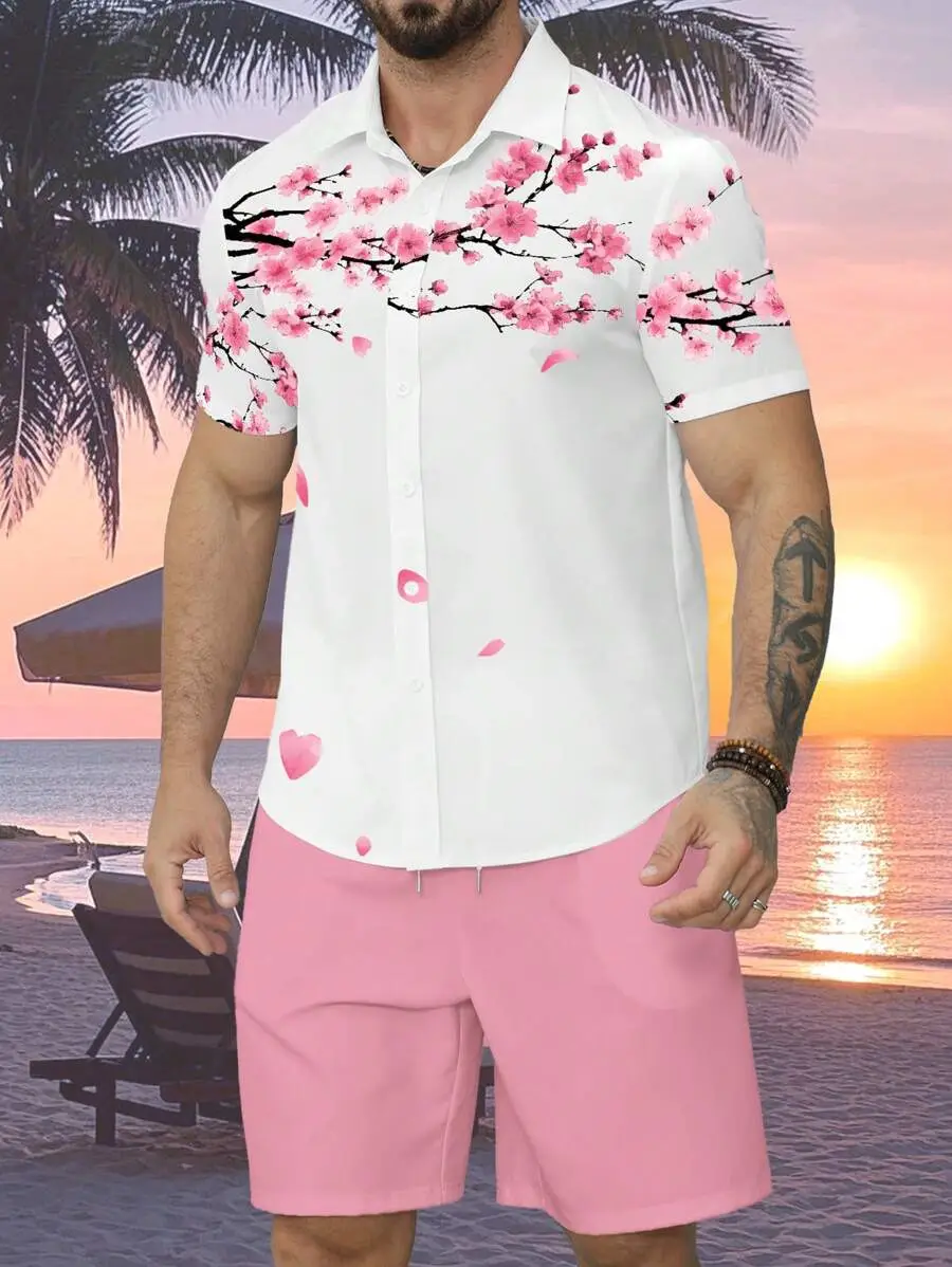 Men's 2025 Navy Blue Lapel Button Shirt Shorts Set