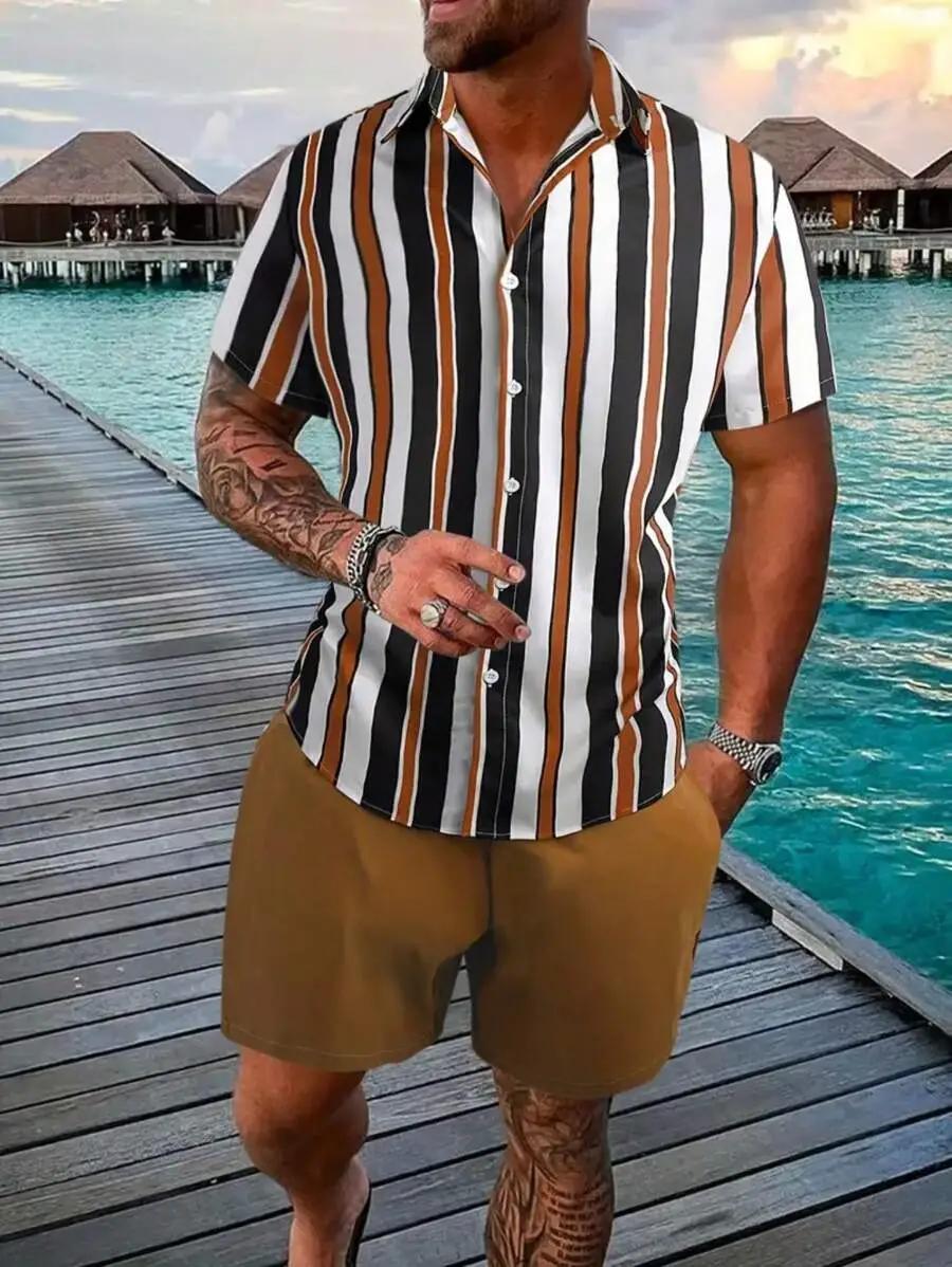 Men's 2025 Navy Blue Lapel Button Shirt Shorts Set