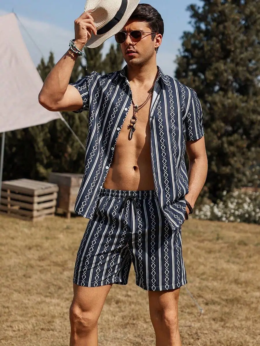 Men's 2025 Navy Blue Lapel Button Shirt Shorts Set