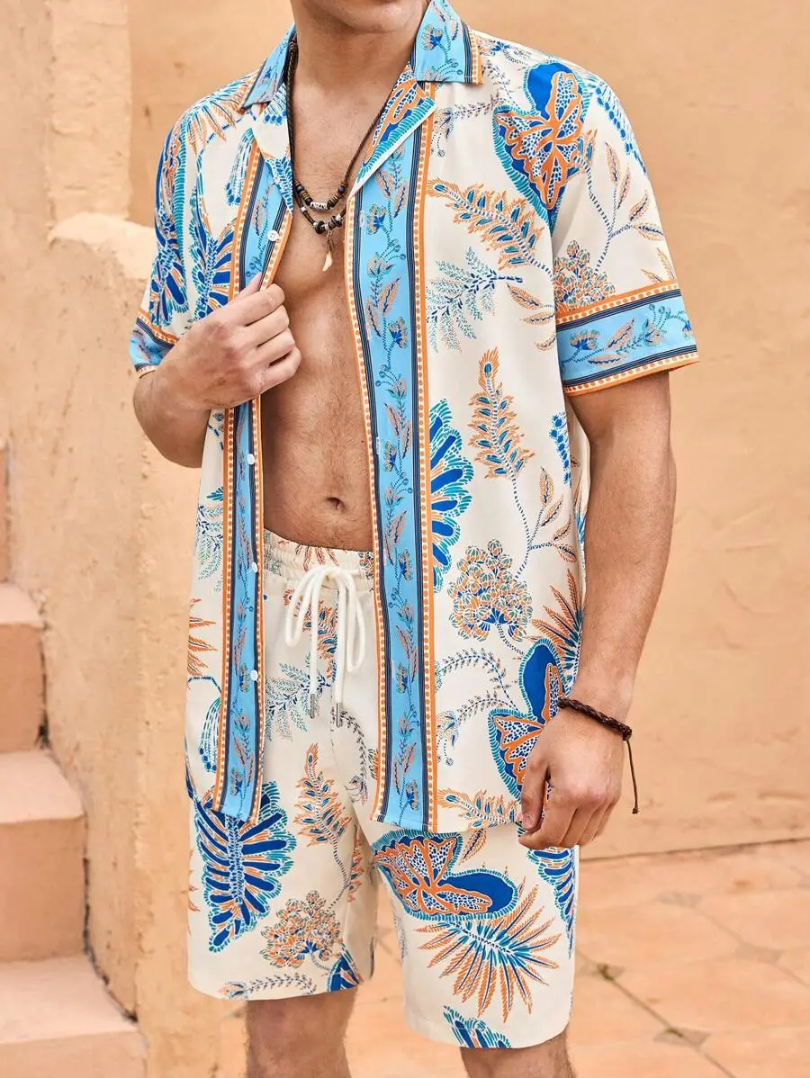 Men's 2025 Navy Blue Lapel Button Shirt Shorts Set