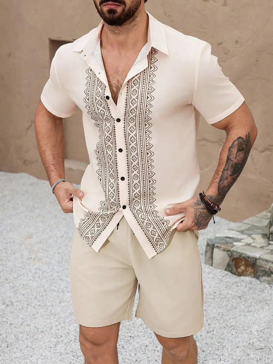 Men's 2025 Navy Blue Lapel Button Shirt Shorts Set