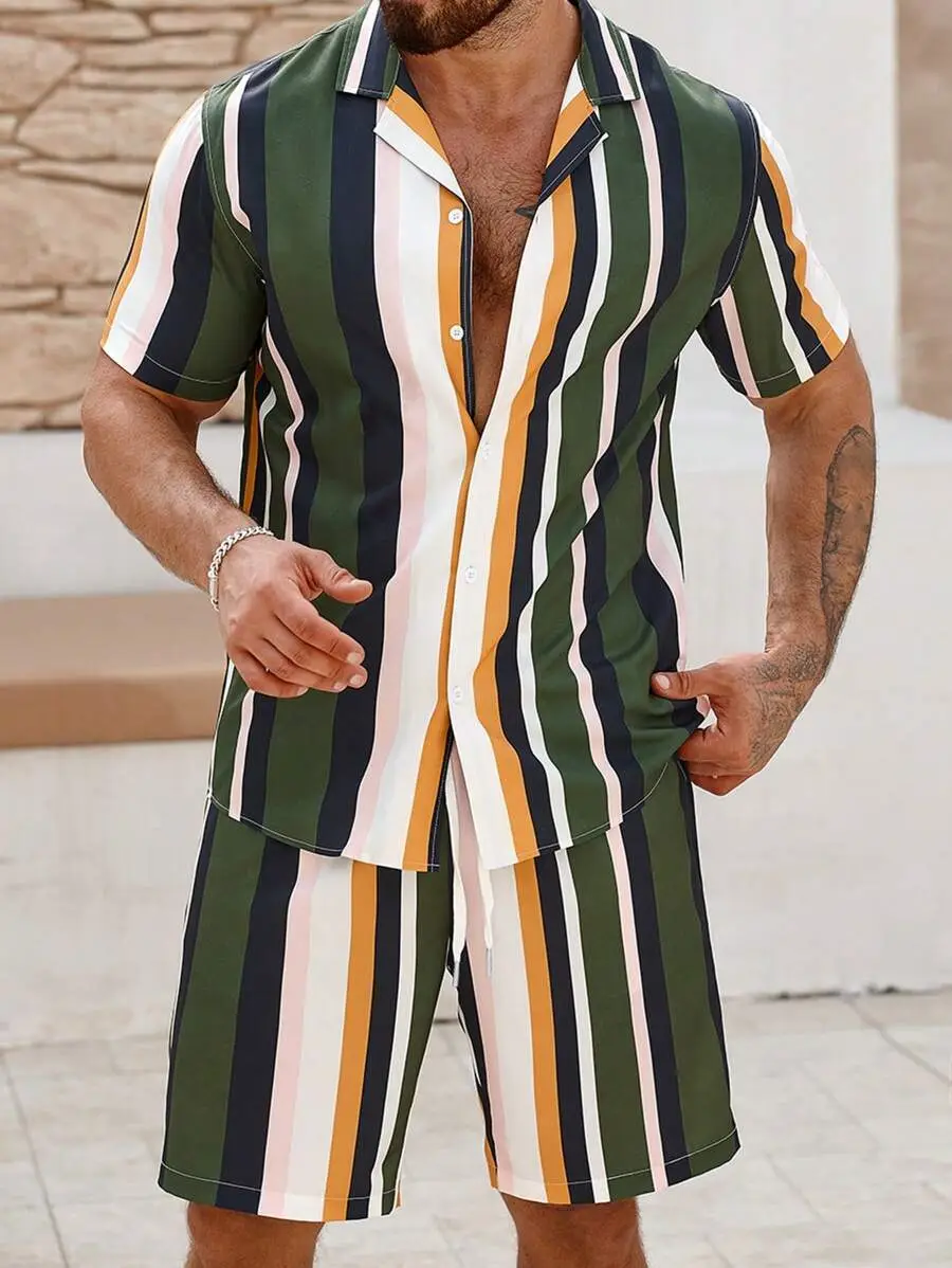 Men's 2025 Navy Blue Lapel Button Shirt Shorts Set