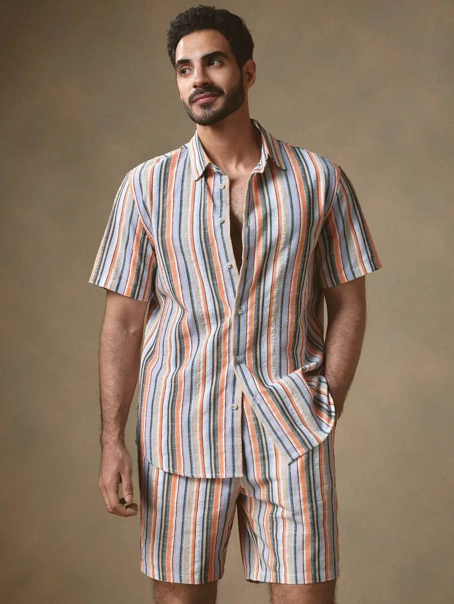 Men's 2025 Navy Blue Lapel Button Shirt Shorts Set