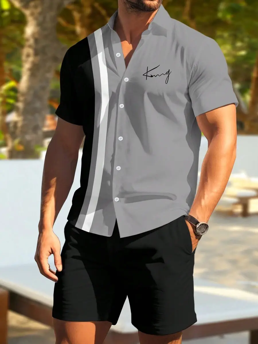 Men's 2025 Navy Blue Lapel Button Shirt Shorts Set