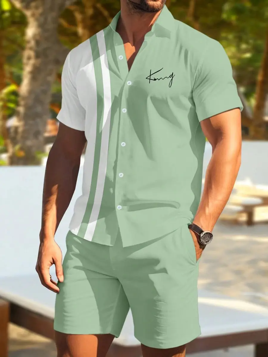 Men's 2025 Navy Blue Lapel Button Shirt Shorts Set