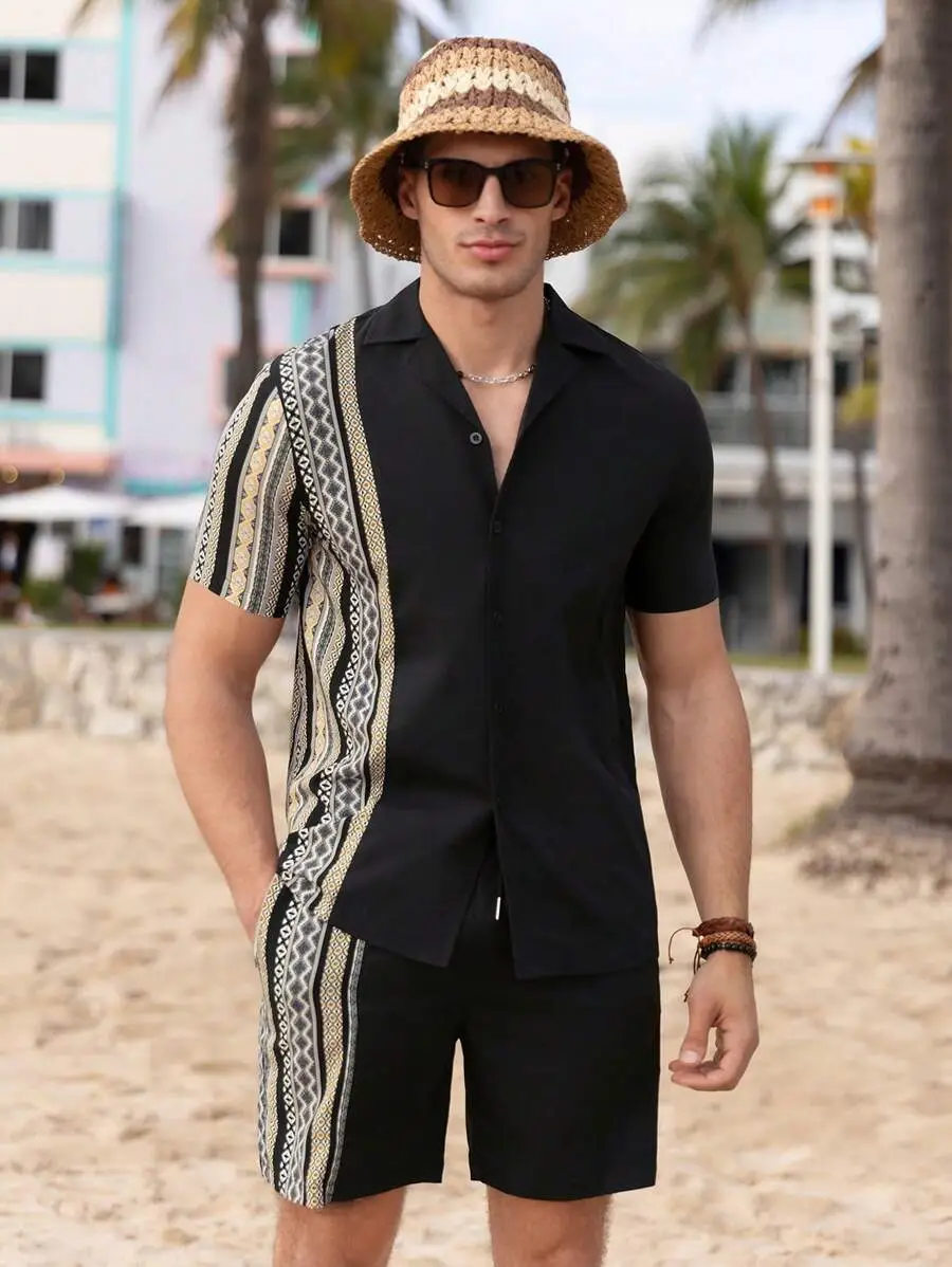 Men's 2025 Navy Blue Lapel Button Shirt Shorts Set