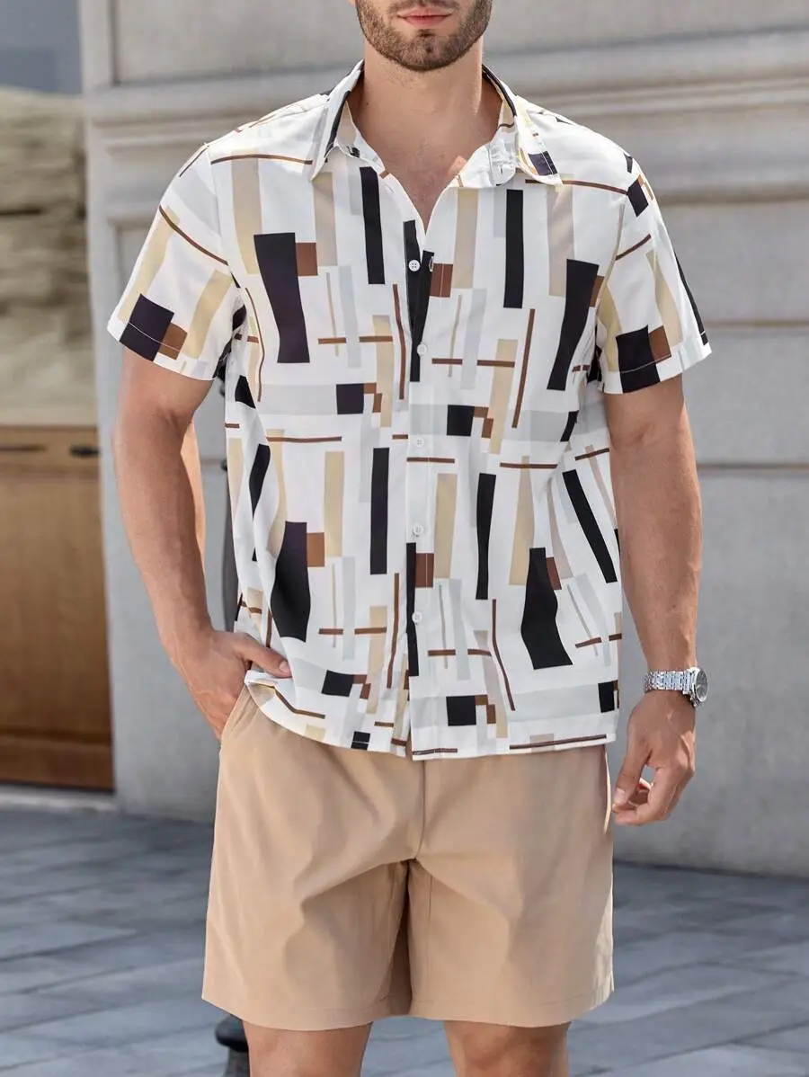 Men's 2025 Navy Blue Lapel Button Shirt Shorts Set