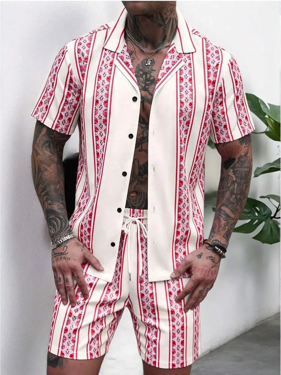 Men's 2025 Navy Blue Lapel Button Shirt Shorts Set