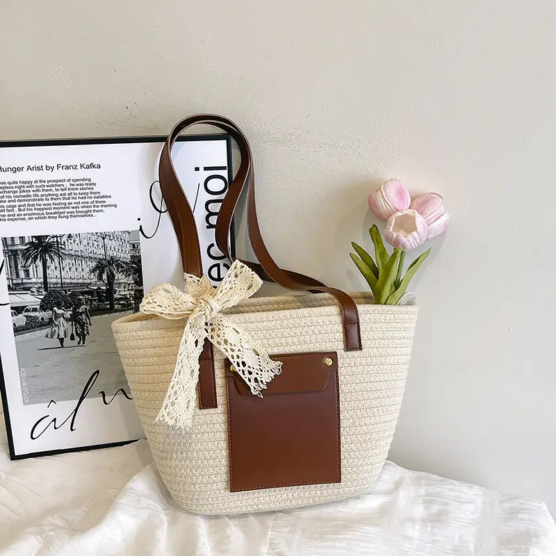 Summer Straw Tote Bag with Brown Leather Trim - Image 5