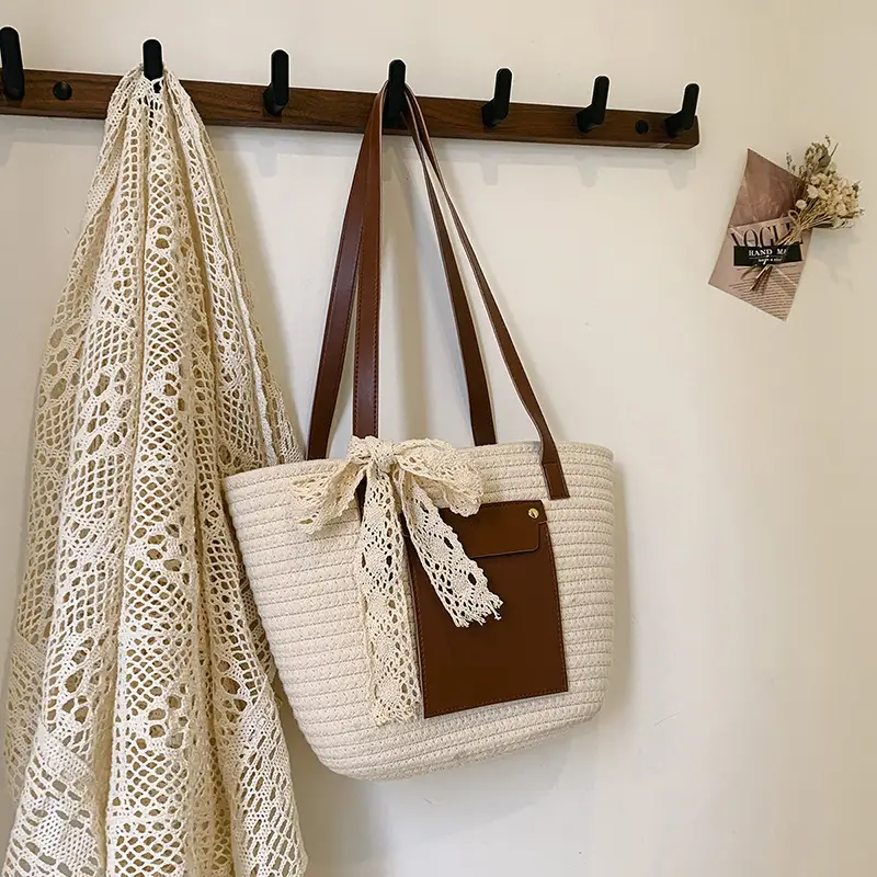 Summer Straw Tote Bag with Brown Leather Trim - Image 6