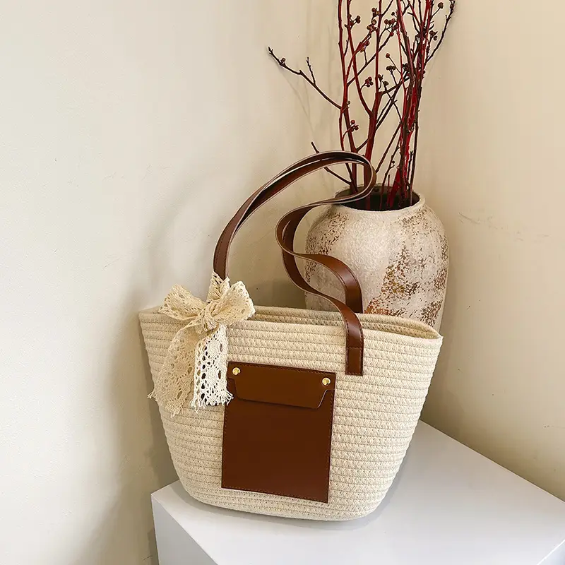 Summer Straw Tote Bag with Brown Leather Trim - Image 7