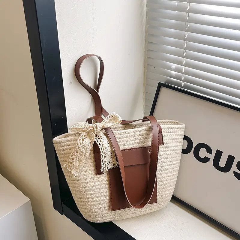 Summer Straw Tote Bag with Brown Leather Trim - Image 8