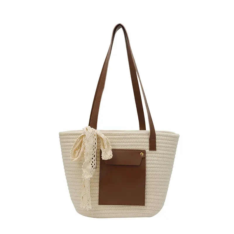 Summer Straw Tote Bag with Brown Leather Trim - Image 9
