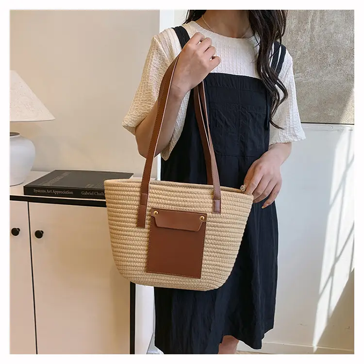 Summer Straw Tote Bag with Brown Leather Trim — feature 10