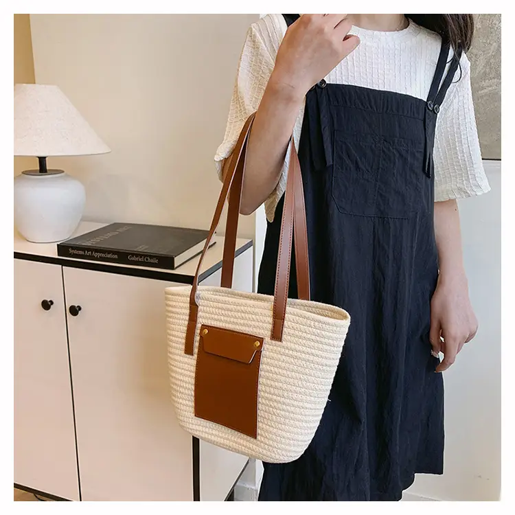 Summer Straw Tote Bag with Brown Leather Trim — feature 11