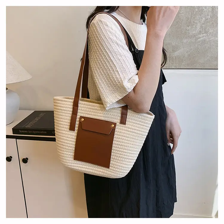 Summer Straw Tote Bag with Brown Leather Trim — feature 12