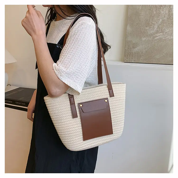 Summer Straw Tote Bag with Brown Leather Trim — feature 13