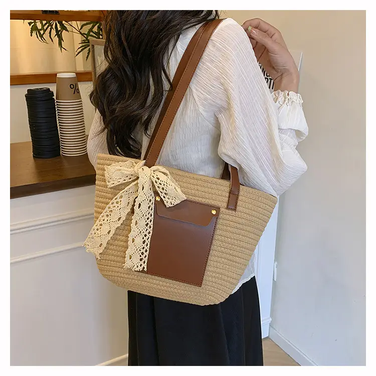 Summer Straw Tote Bag with Brown Leather Trim — feature 14