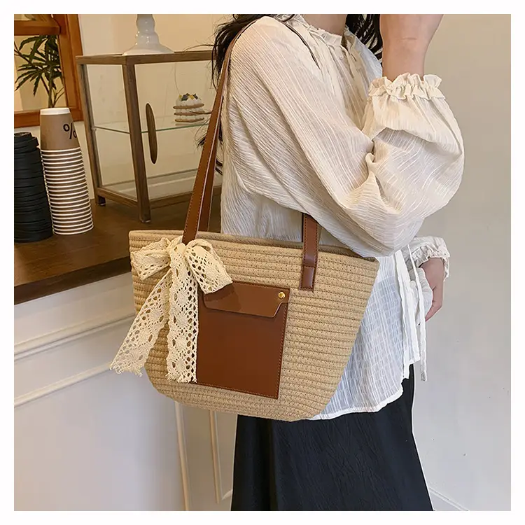 Summer Straw Tote Bag with Brown Leather Trim — feature 15