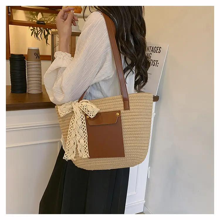Summer Straw Tote Bag with Brown Leather Trim — feature 16