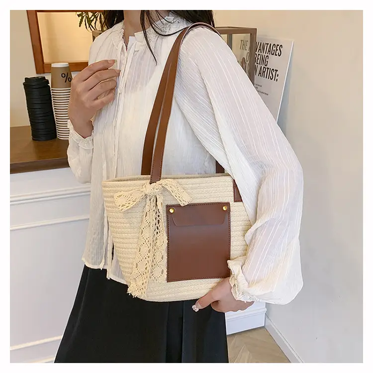 Summer Straw Tote Bag with Brown Leather Trim — feature 17