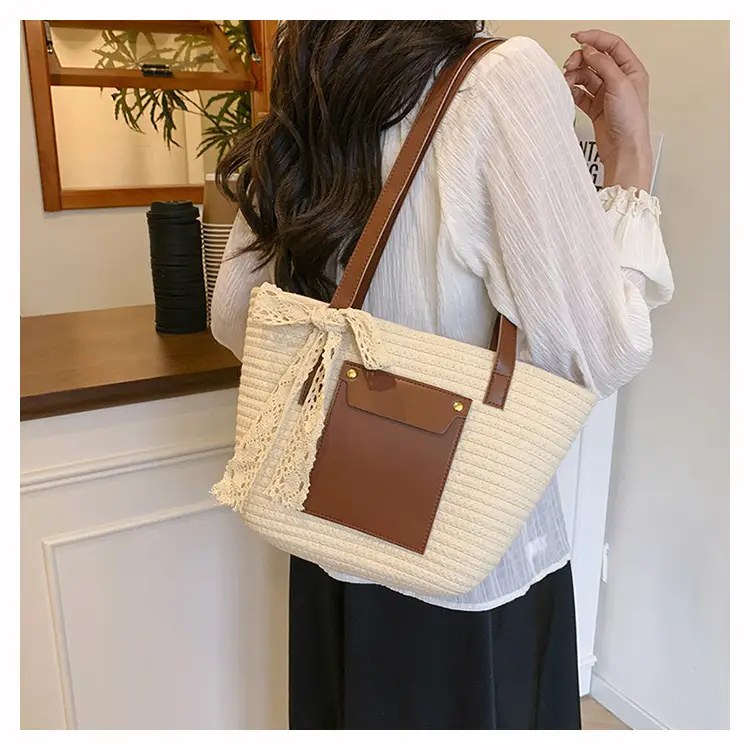 Summer Straw Tote Bag with Brown Leather Trim — feature 18