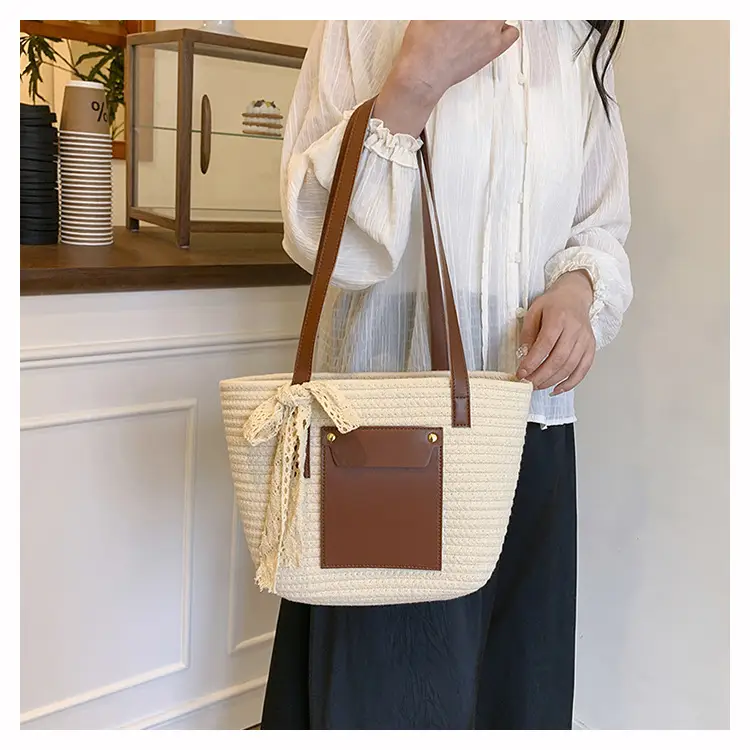 Summer Straw Tote Bag with Brown Leather Trim — feature 19