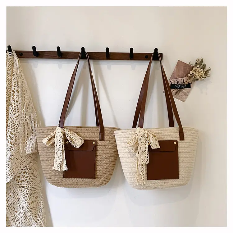 Summer Straw Tote Bag with Brown Leather Trim — feature 20