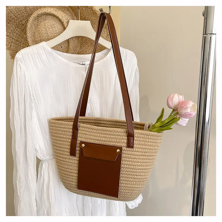 Summer Straw Tote Bag with Brown Leather Trim — feature 21