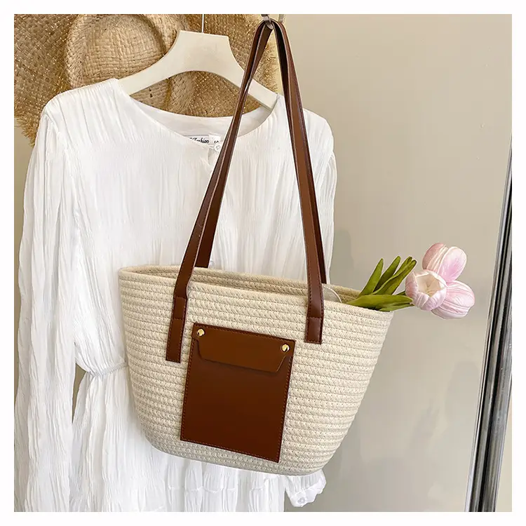 Summer Straw Tote Bag with Brown Leather Trim — feature 22