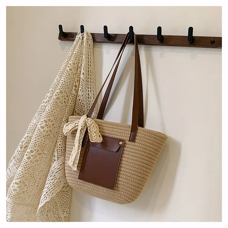 Summer Straw Tote Bag with Brown Leather Trim — feature 23