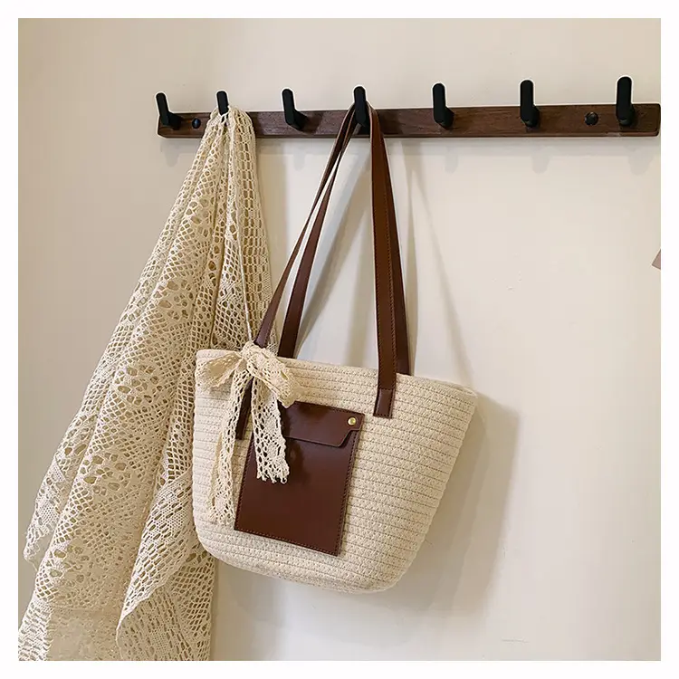 Summer Straw Tote Bag with Brown Leather Trim — feature 24