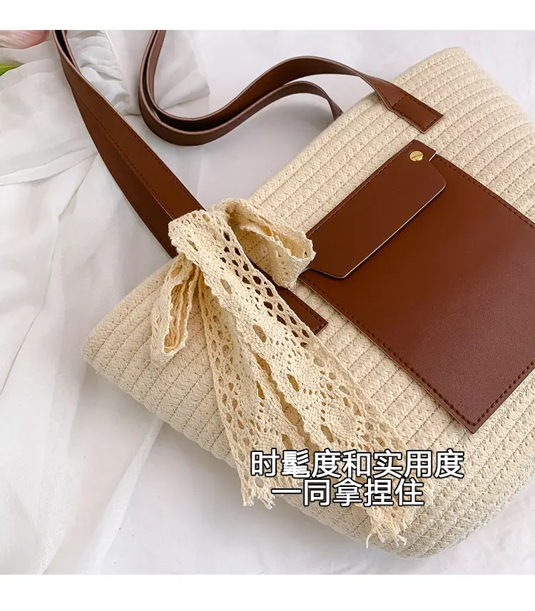 Summer Straw Tote Bag with Brown Leather Trim — feature 5