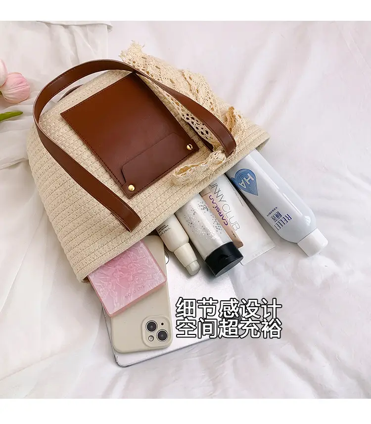 Summer Straw Tote Bag with Brown Leather Trim — feature 6