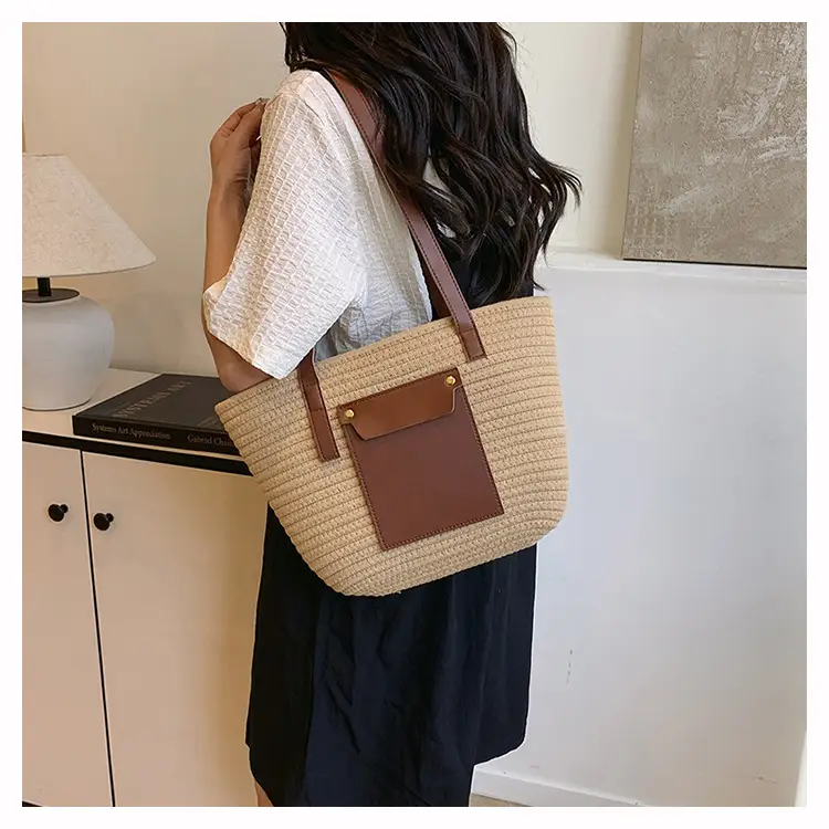 Summer Straw Tote Bag with Brown Leather Trim — feature 8