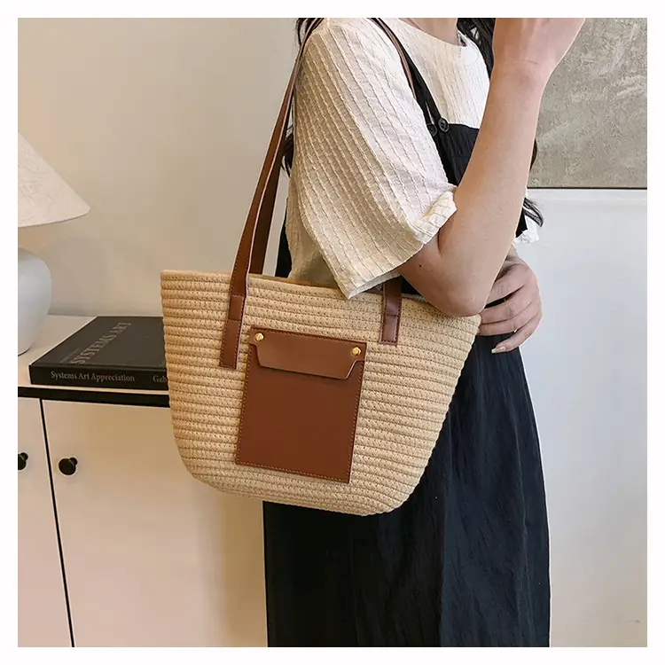 Summer Straw Tote Bag with Brown Leather Trim — feature 9